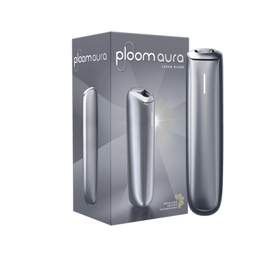 "Ploom AURA Lunar Silver pakovanje sa uređajem.

"
