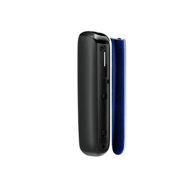 Side view of Ploom Aura front panel accessory in Navy Blue Augmented Pattern color.