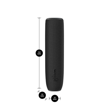 Ploom AURA device with a Jet Black Back Cover shown with product dimensions: 10.2cm height x 2.2 cm width and 2.2 cm depth