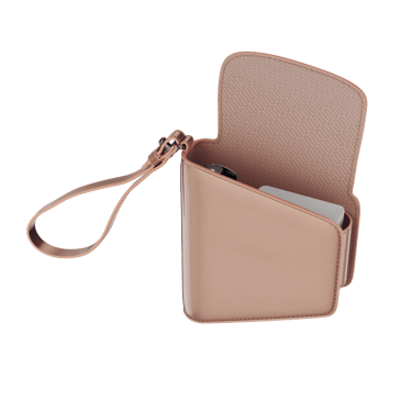 Lateral view of an empty and open Rose Gold Duo Carry Case