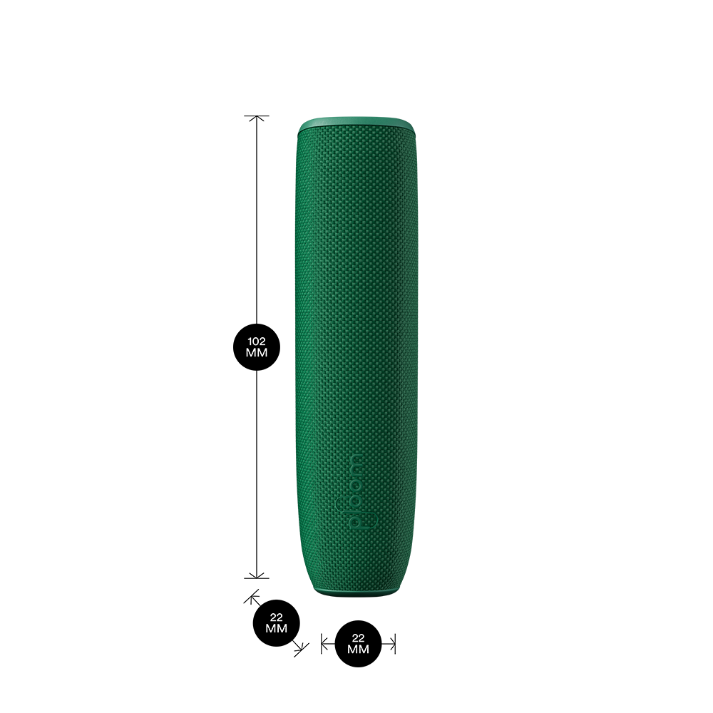 Ploom AURA device with an Amazon Green Back Cover shown with product dimensions: 10.2cm height x 2.2 cm width and 2.2 cm depth