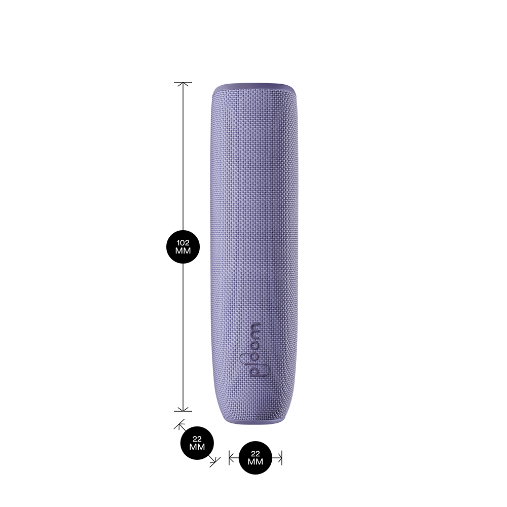 Ploom AURA device with a Lavender Back Cover shown with product dimensions: 10.2cm height x 2.2 cm width and 2.2 cm depth