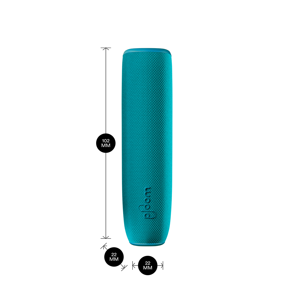 Ploom AURA device with an Ocean Blue Back Cover shown with product dimensions: 10.2cm height x 2.2 cm width and 2.2 cm depth
