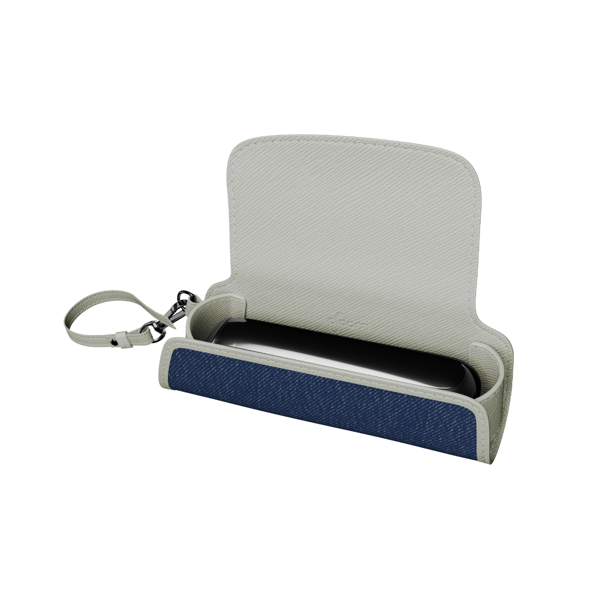 Bočni pogled Denim Leather Fusion solo torbice sa Ploom AURA uređajem i stikovima (nisu uključeni)
