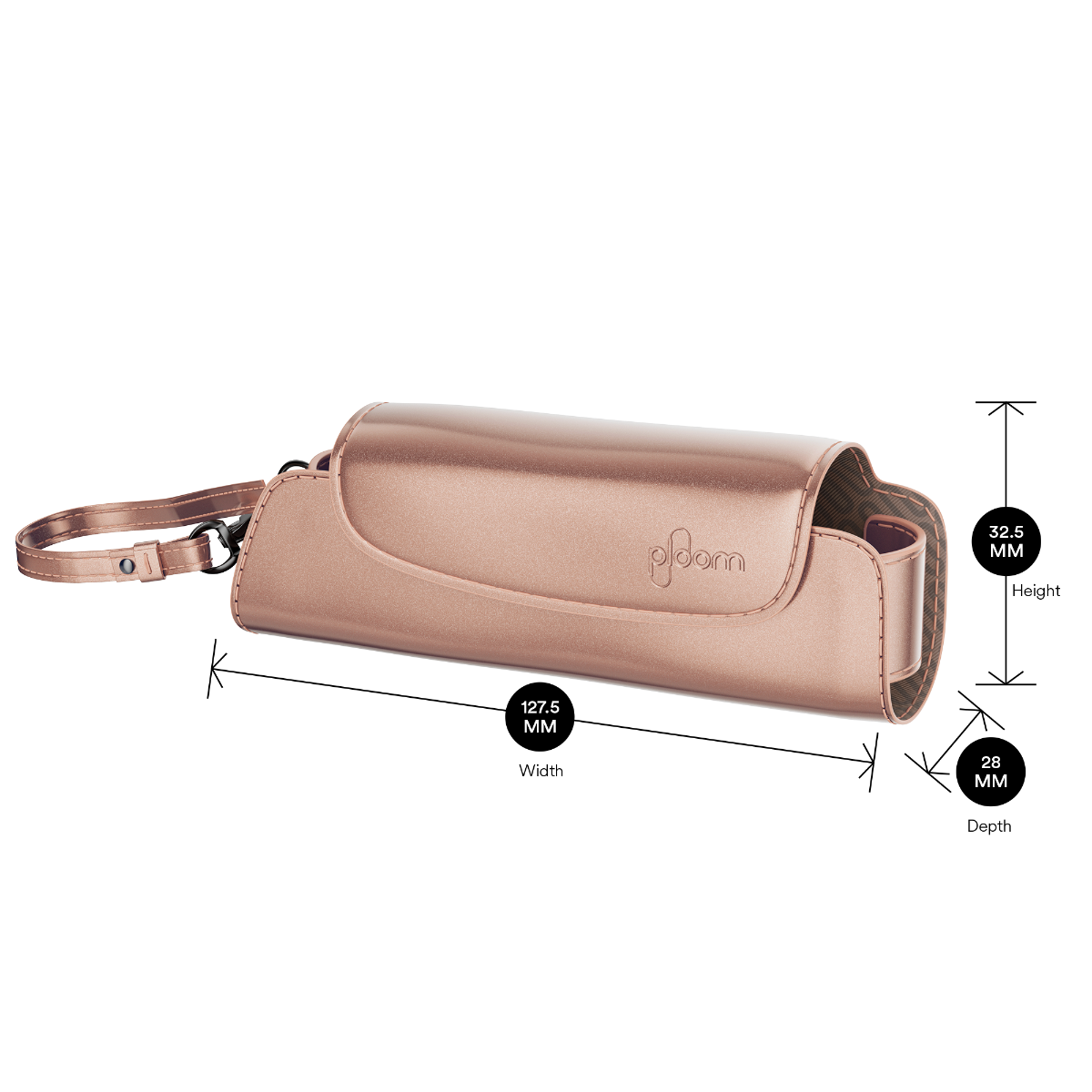 Ploom Rose Gold Solo Carry Case shown with product dimensions: 32.5 cm height x 12.75 cm width and 2.8 cm depth